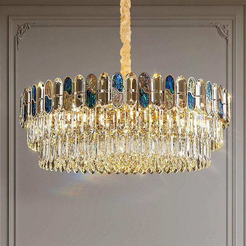 Modern Luxury Round Shell Embellishment Tiered Iron Crystal Shade 11/12/15/21/28-Light Chandelier For Living Room