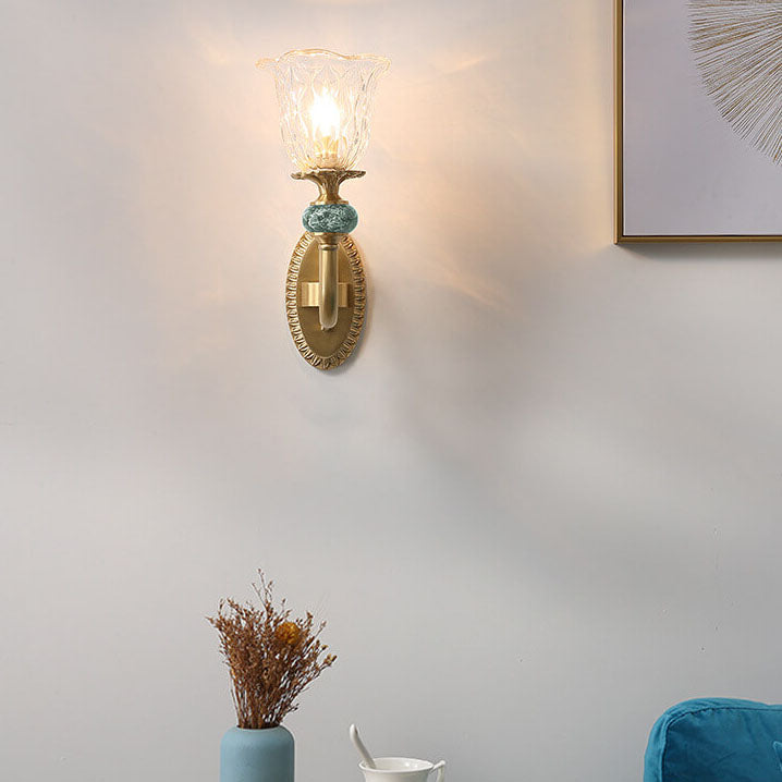 Lámpara Aplique de Pared de Lujo Europeo de Vidrio Floral de Latón con Brazo Curvado 1/2 Luz 