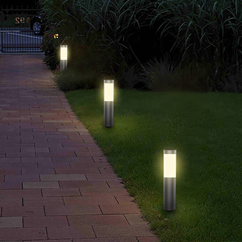 Moderna luz de paisaje de jardín LED para exteriores con energía solar, impermeable, de acero inoxidable cilíndrico, para insertar en el suelo del césped 