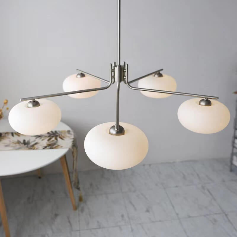 French Minimalist White Dome Glass Shade  5-Light Chandelier