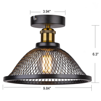 Vintage Industrial Iron Mesh Cone 1-Light Semi- Flush Mount Ceiling Light