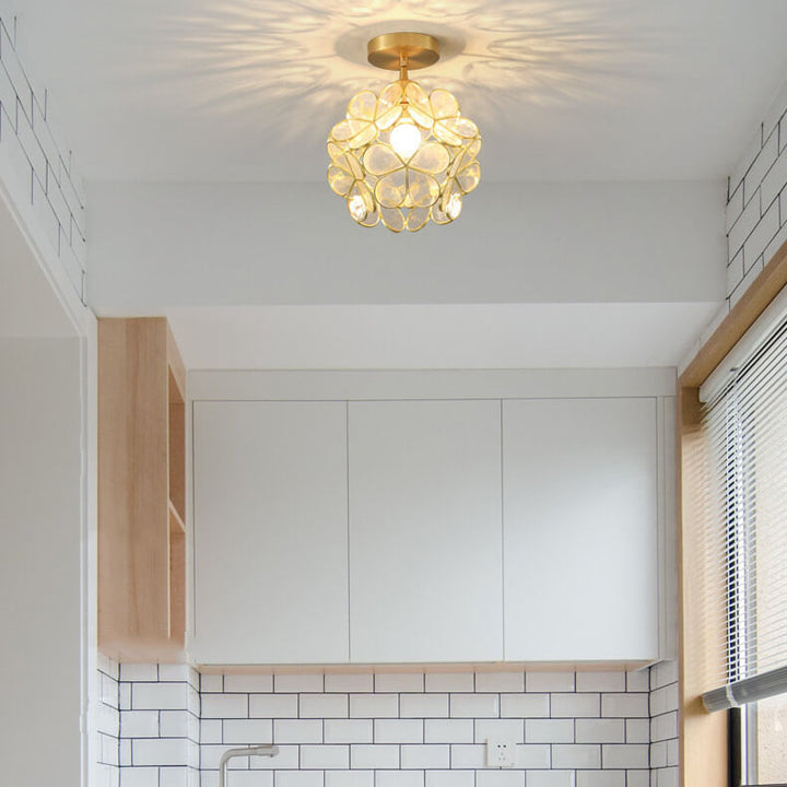 Traditionelle halbhohe Deckenleuchte im japanischen Stil aus Glas und Kupfer mit handgefertigtem Blütendesign für den Flur 