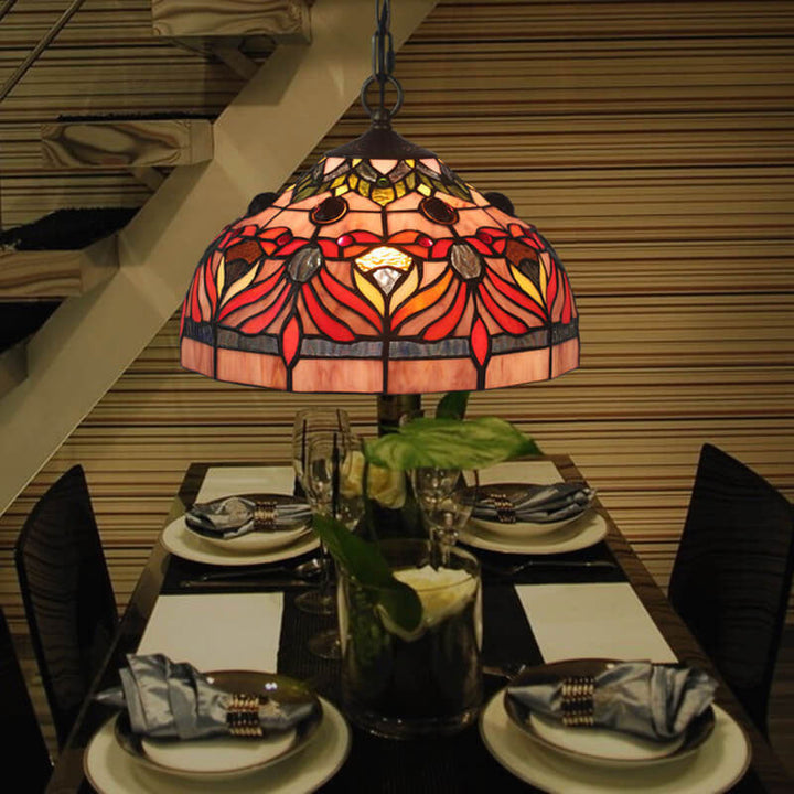 Vintage Tiffany Red Flower Stained Glass Dome 1-Light Pendant Light
