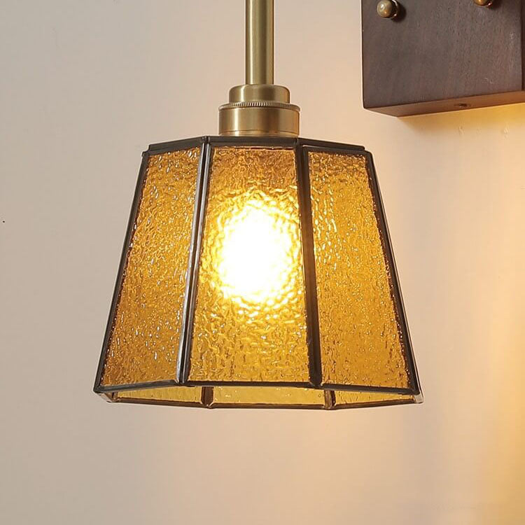 Vintage Amber Glass Shade Walnut 1-Light Wall Sconce Lamp