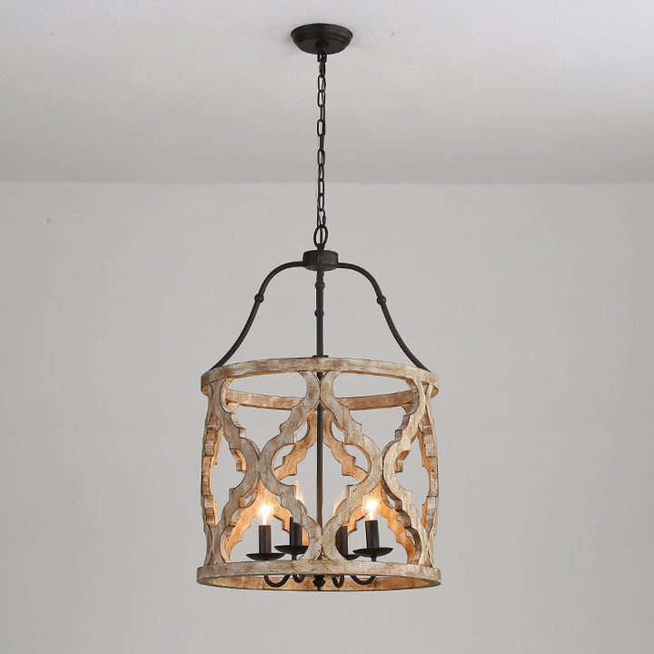 Lámpara de araña tradicional vintage de madera maciza y hierro con jaula cilíndrica hueca de 4 luces para sala de estar 