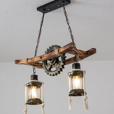 Retro Industrial Gear Iron Wooden Twine 2-Light Island Light Chandelier