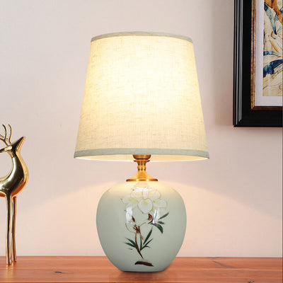 Modern Chinese Fabric Ceramic Round Base 1-Light Table Lamp
