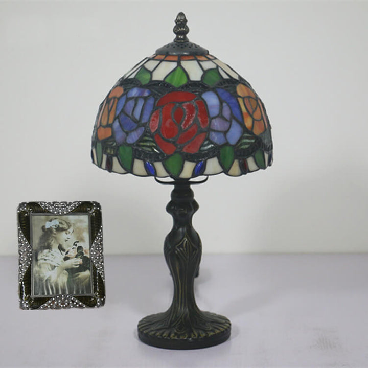 Retro Tiffany Flowering Rose Stained Glass 1-Light Table Lamp