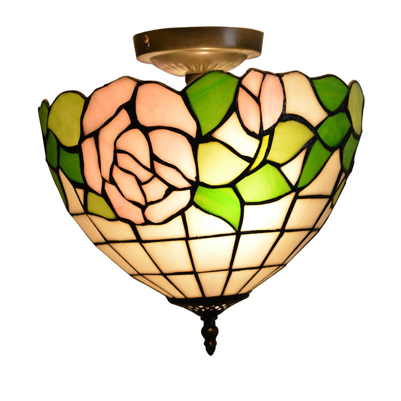 Vintage Tiffany Stained Glass Bowl 2-Light Semi-Flush Mount Ceiling Light