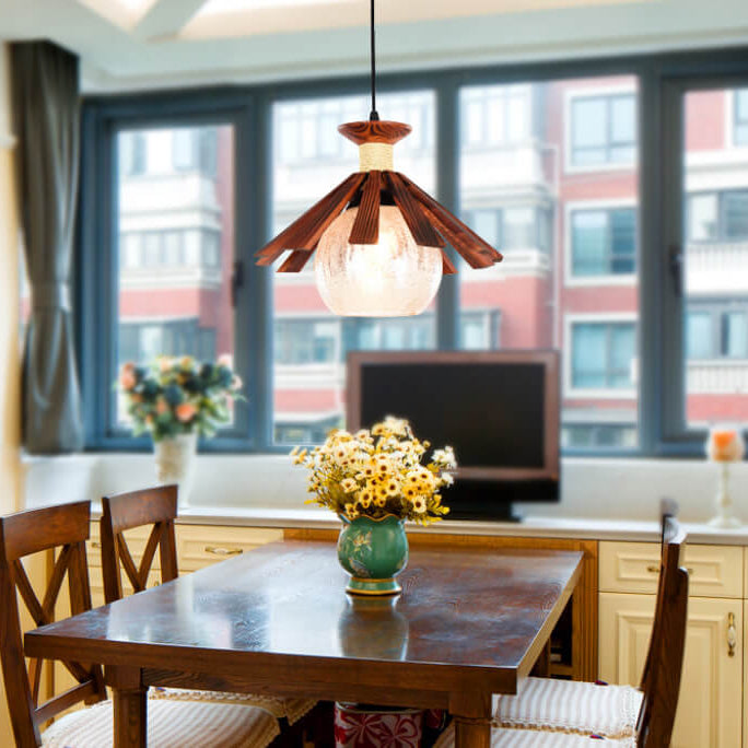 Traditional Japanese Round Wood 1-Light Pendant Light For Bedroom