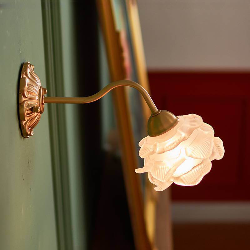 Japanese Vintage Rose Glass Brass 1-Light Wall Sconce Lamp