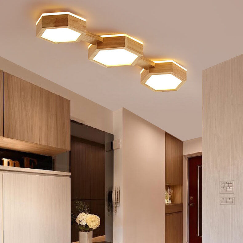 Modern Simple Wooden Hexagonal Geometry LED Flush Mount Ceiling Light