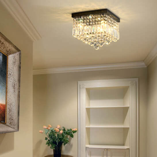 Traditional European Square Crystal Beaded Curtain 4-Light Flush Mount Ceiling Light For Living Room