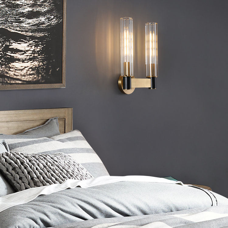 Moderne luxuriöse Zylinder-Wandleuchte aus Kupfer und Glas mit 1/2-flammigem Licht für das Schlafzimmer 