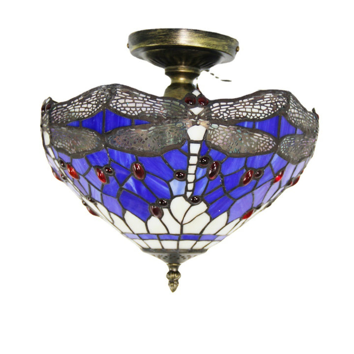 Traditional Tiffany Purple Dragonfly Iron Stained Glass 1-Light Semi-Flush Mount Ceiling Light For Living Room