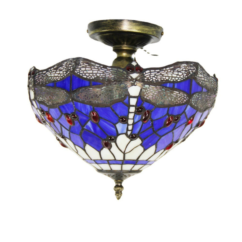 European Tiffany Purple Dragonfly Stained Glass 1-Light Semi-Flush Mount Ceiling Light