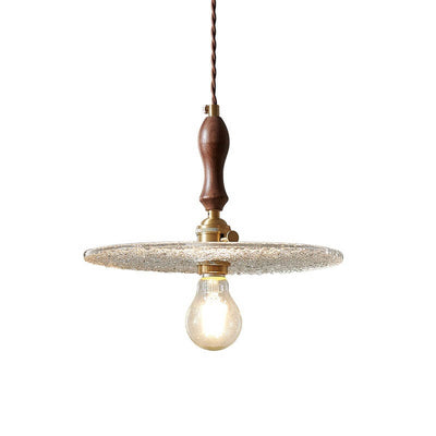 Japanese Frosted Glass Round Disc Walnut 1-Light Pendant Light