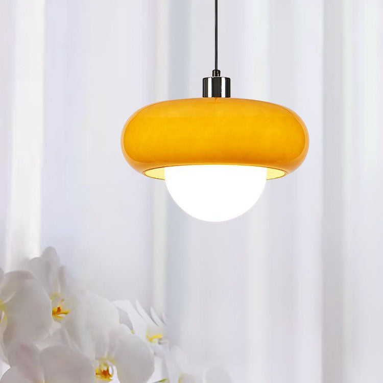 Contemporary Scandinavian Iron Semi-circular Glass Shade 1-Light Pendant Light For Living Room
