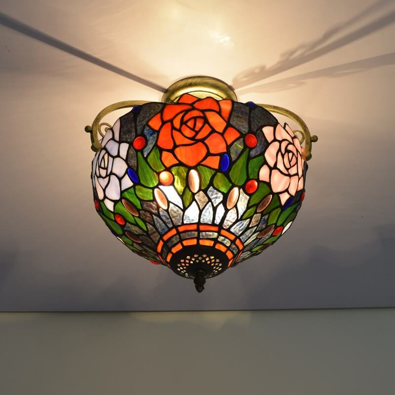 Tiffany European Stained Glass Rose Design 2-Light Semi-Flush Mount Light