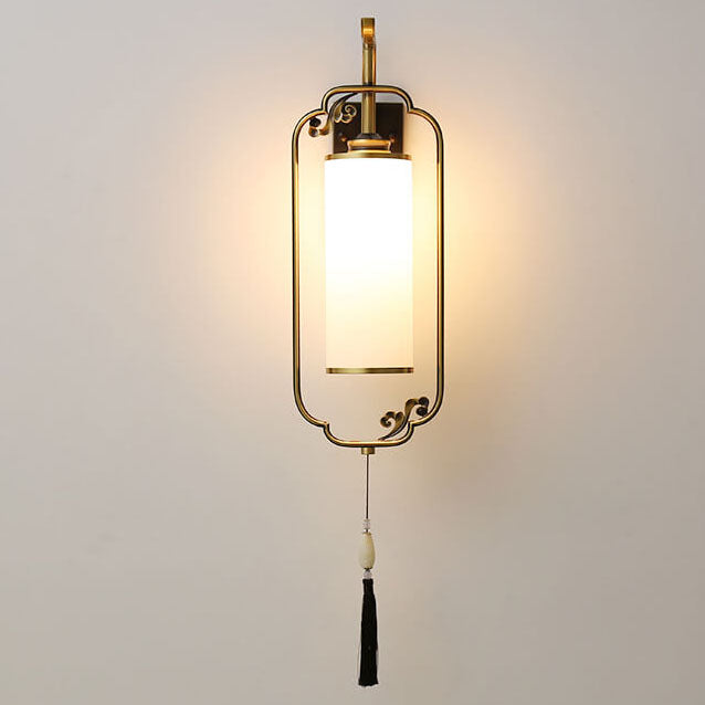 Traditionelle 1-flammige Wandleuchte aus chinesischem Kupfer, Eisen und Glas in Säulenform für das Wohnzimmer 