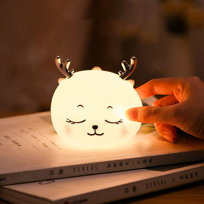 Lampe de Table Veilleuse à LED Rechargeable en Silicone Dessin Animé Cerf Mignon à Sept Couleurs 