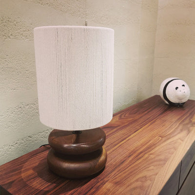 Japanese Minimalist Walnut Fabric Lampshade Cylinder 1-Light Table Lamp