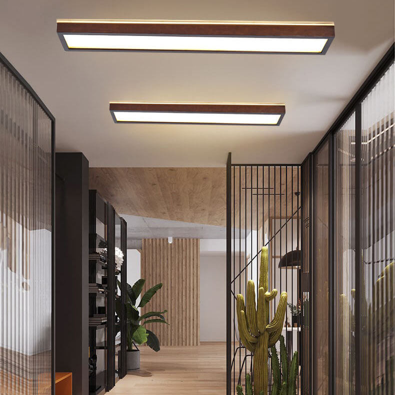 Japanese Minimalist Log Rectangular Walnut LED Flush Mount Ceiling Light