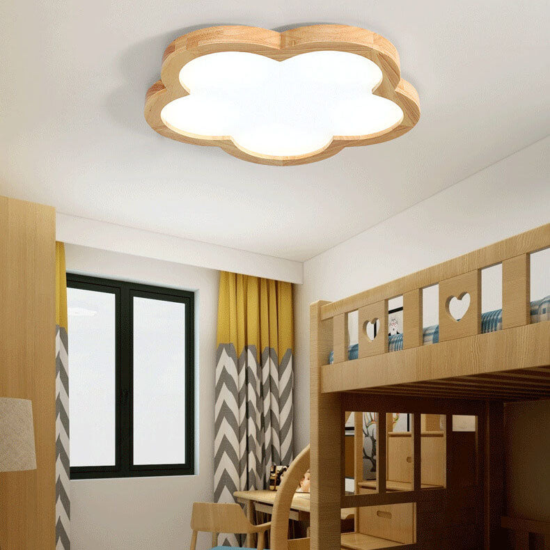 Nordic Simple Solid Wood Flower LED Slim Kids Flush Mount Ceiling Light