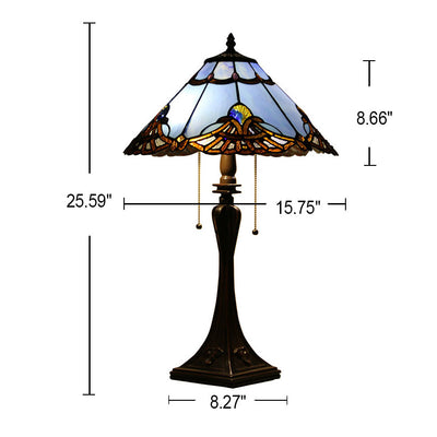 Lámpara de mesa de 2 luces con cordón de tiro en forma de cono de vidrio teñido estilo Tiffany Mediterráneo 