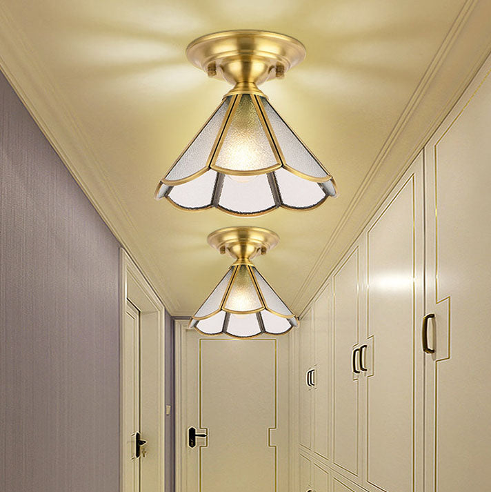 European Luxury Brass Glass Cone 1-Light Semi-Flush Mount Ceiling Light