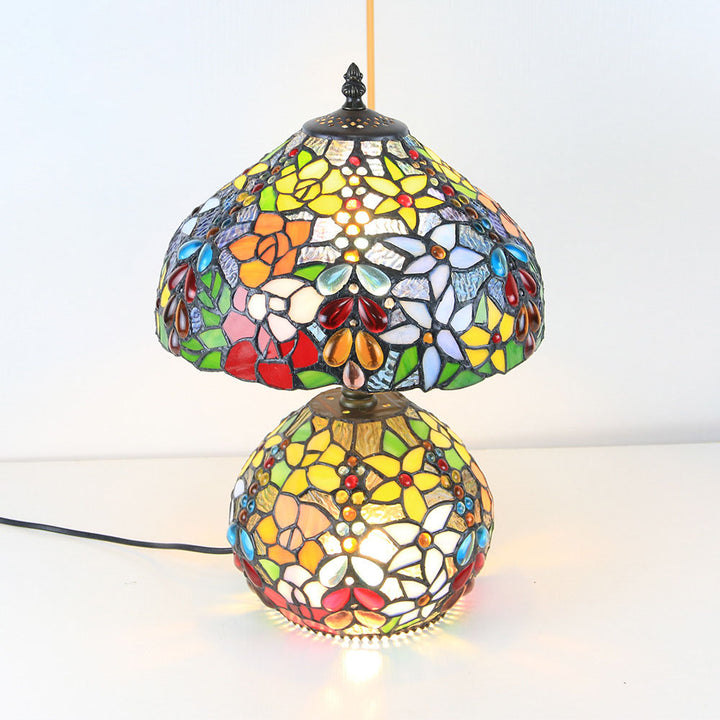 Traditional Tiffany Copper Glass Resin Floral Beads Round Base 2-Light Table Lamp For Bedroom