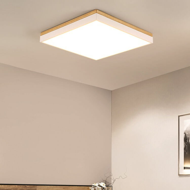 Moderne minimalistische LED-Deckenleuchte zur flachen Montage aus massivem Holz und Acryl in quadratischer Rechteckform für das Wohnzimmer 