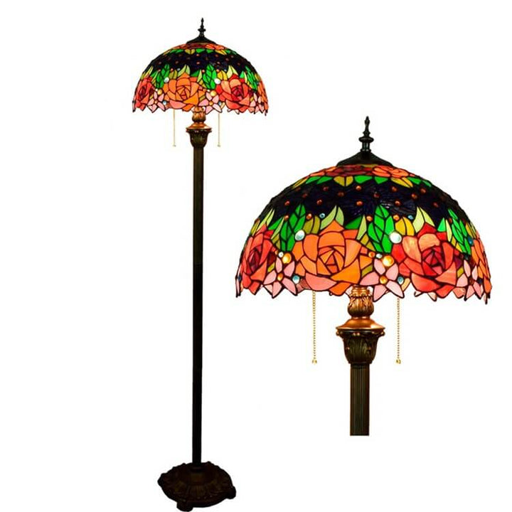 Lámpara de pie tradicional de 2 luces con pantalla redonda tipo cúpula de resina, hierro y vidrio Tiffany con rosas para sala de estar 