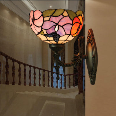 European Tiffany Floral Butterfly Bowl 1-Light Wall Sconce Lamp