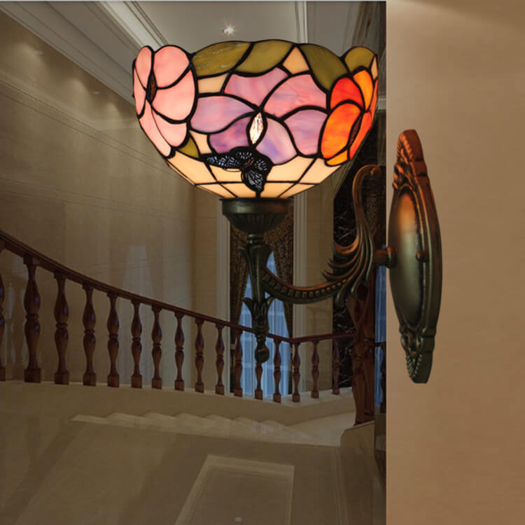 European Tiffany Floral Butterfly Bowl 1-Light Wall Sconce Lamp