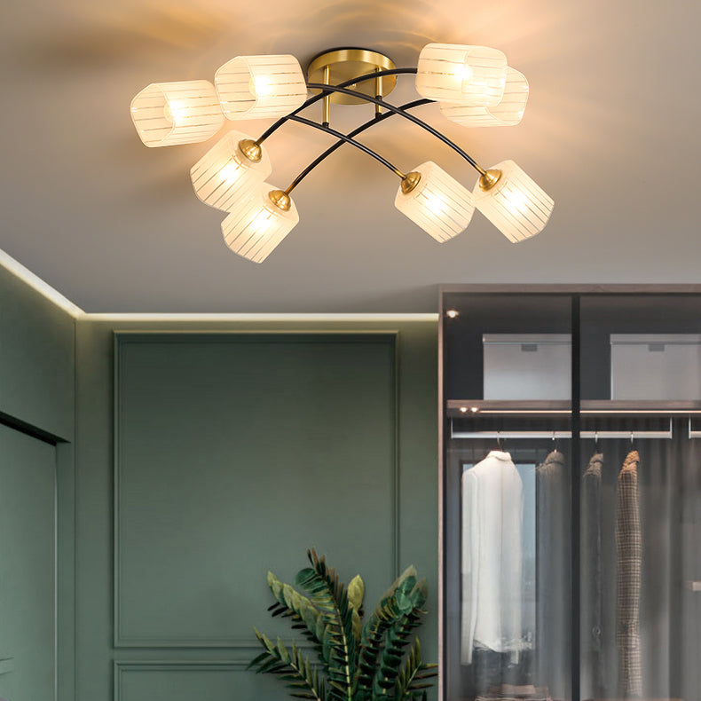 Traditionelle japanische mattierte quadratische Glas-Kupfer 6/8-Light Semi-Flush-Mount-Deckenleuchte für das Wohnzimmer 