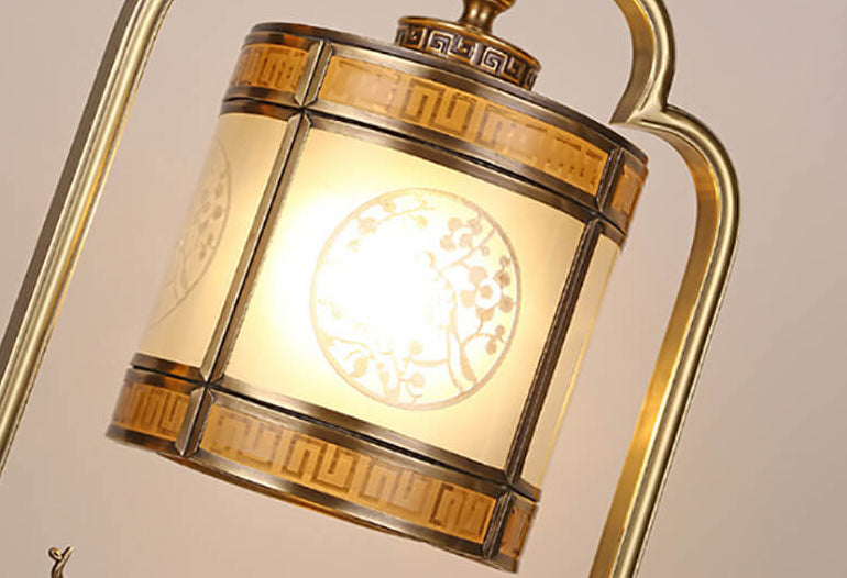 Lampe de table en verre chinois avec une lumière et sculpture en cuivre 