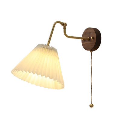 Nordic Vintage Nussbaum Messing Plissee Schirm 1-Licht Wandleuchte 