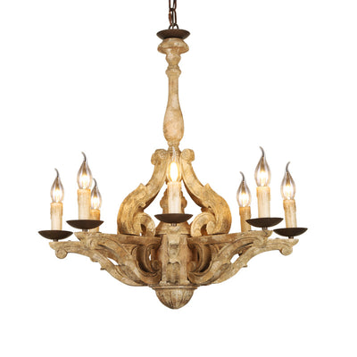 European Rustic Vintage Solid Wood 8-Light Chandelier