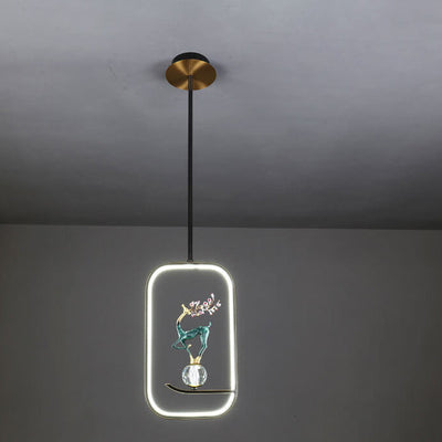 Lustre LED suspendu moderne chinois carré rond anneau prunier cerf 