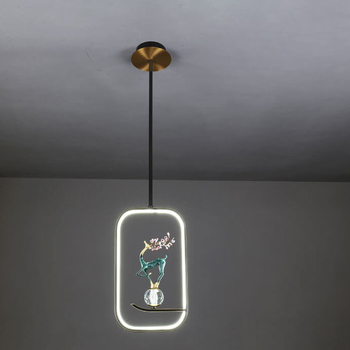 Lustre LED suspendu moderne chinois carré rond anneau prunier cerf 