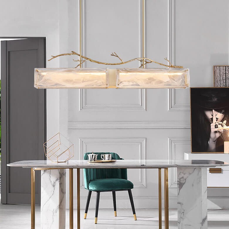 Nordic Light Luxury Rectangular All Brass Glass LED Island Light Chandelier