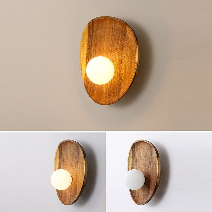 Aplique de pared LED de madera y vidrio con placa ovalada irregular japonesa tradicional para dormitorio 