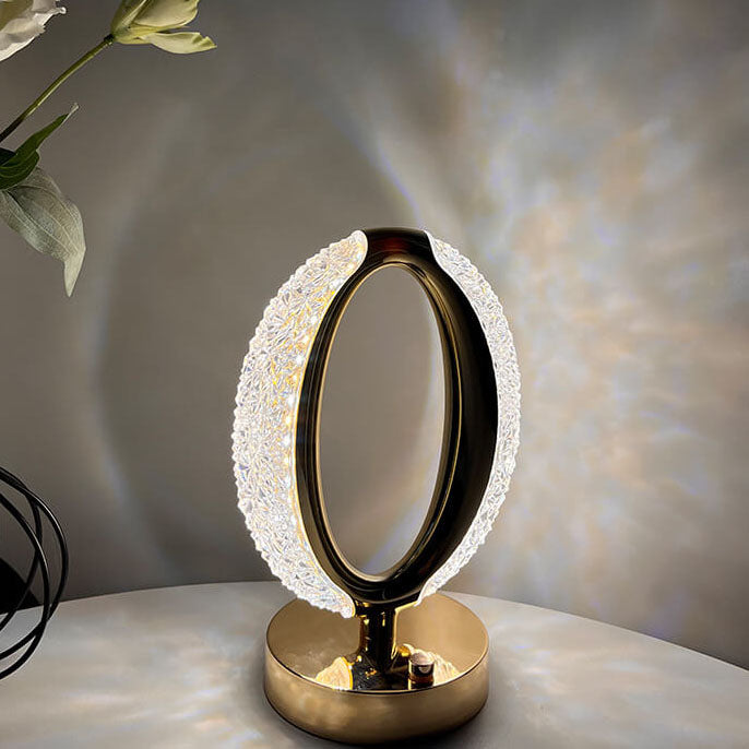 Moderne luxuriöse LED-Tischlampe mit Ring aus Eisen und Acryl mit Touch-Funktion fürs Schlafzimmer 
