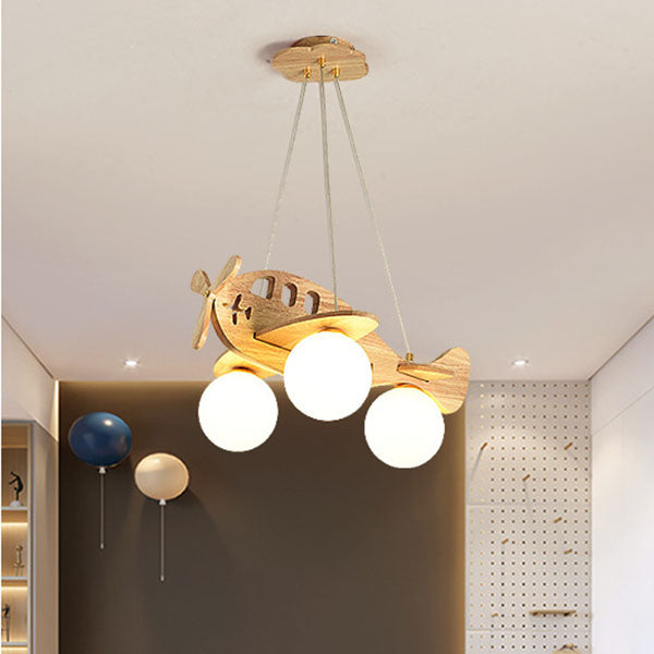 Contemporary Creative Solid Wood Glass Planes Magic Beans Cartoon Kids 3-Light Chandelier For Living Room &amp; Bedroom