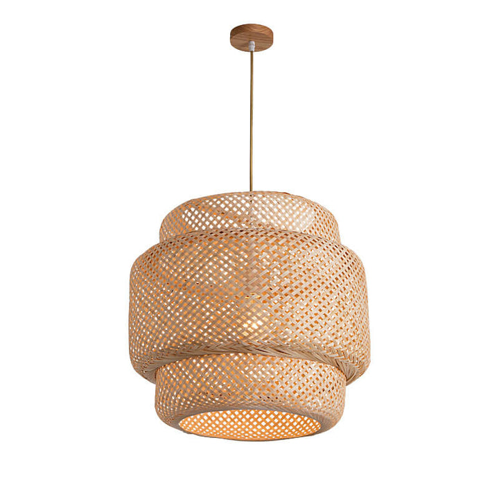 Traditional Japanese Round Bamboo Weaving Column 1-Light Pendant Light For Bedroom