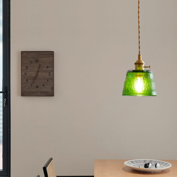 Traditionelle Vintage-Pendelleuchte aus Glas und Kupfer mit rundem Trommelschirm, 1-flammig, für das Wohnzimmer 