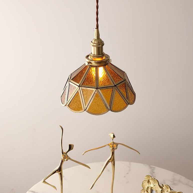 Contemporary Nordic Water Pattern Glass Copper Geometric Cone Brass 1-Light Pendant Light For Living Room