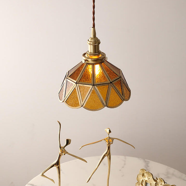 Contemporary Nordic Water Pattern Glass Copper Geometric Cone Brass 1-Light Pendant Light For Living Room