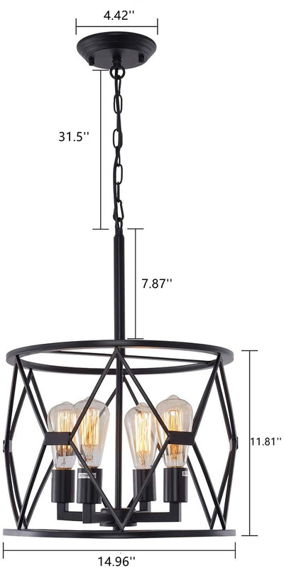 Wrought Iron Lampshade Iron Chain 4-Light Adjustable Length Lantern Geometric Pendant Light